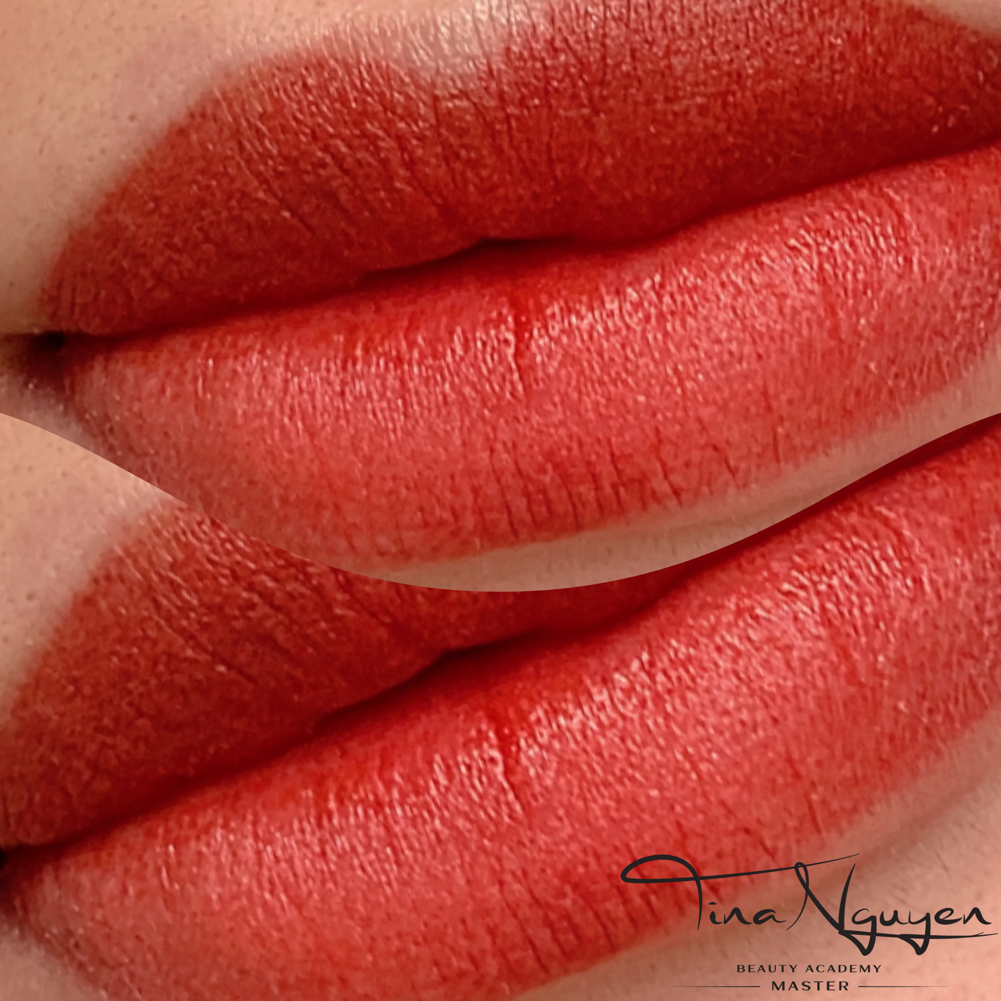 Lip blush PMU before and after — terracotta-red lips by Tina Beauty