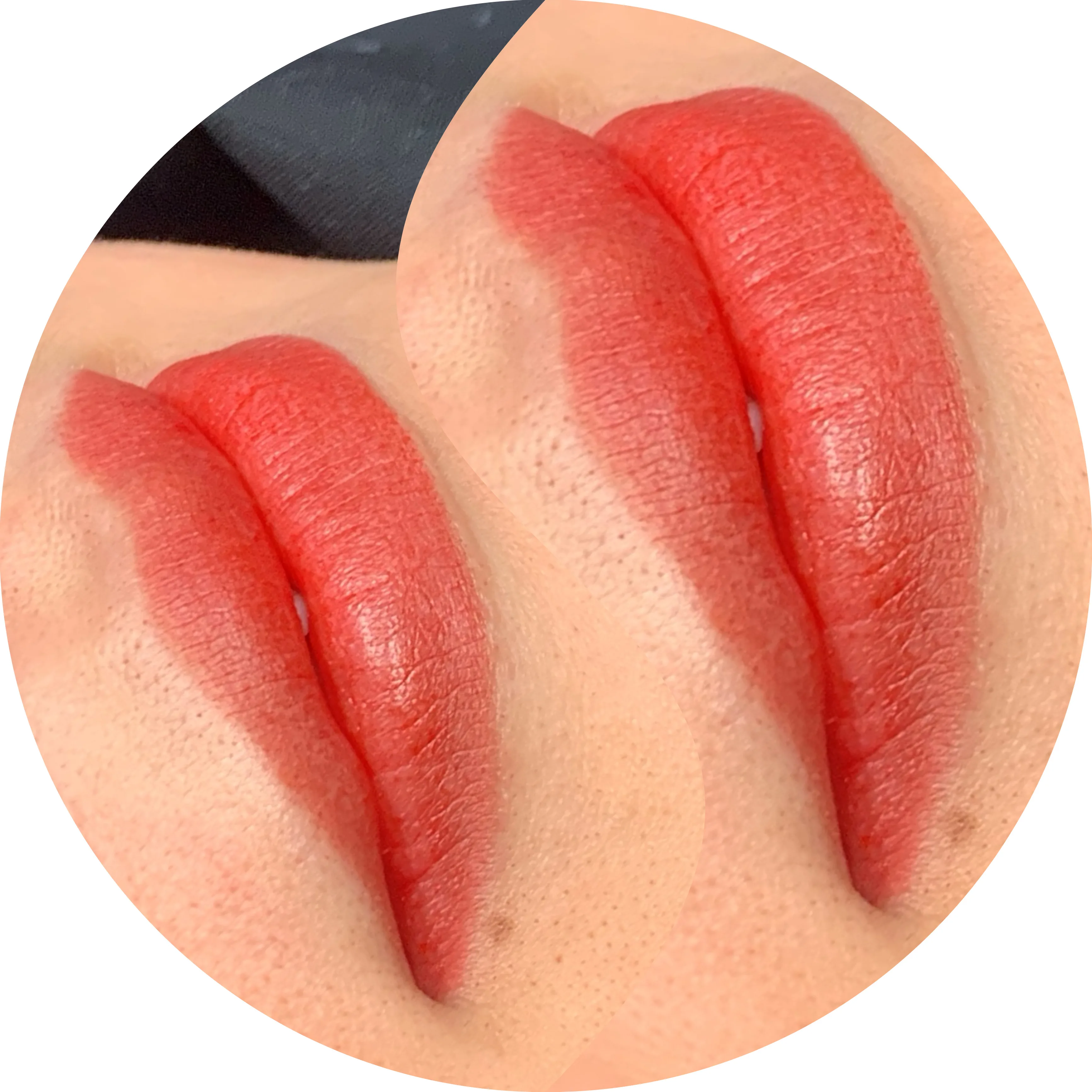 Lip blush PMU circular before-and-after crops showing coral-red lip tattoo result