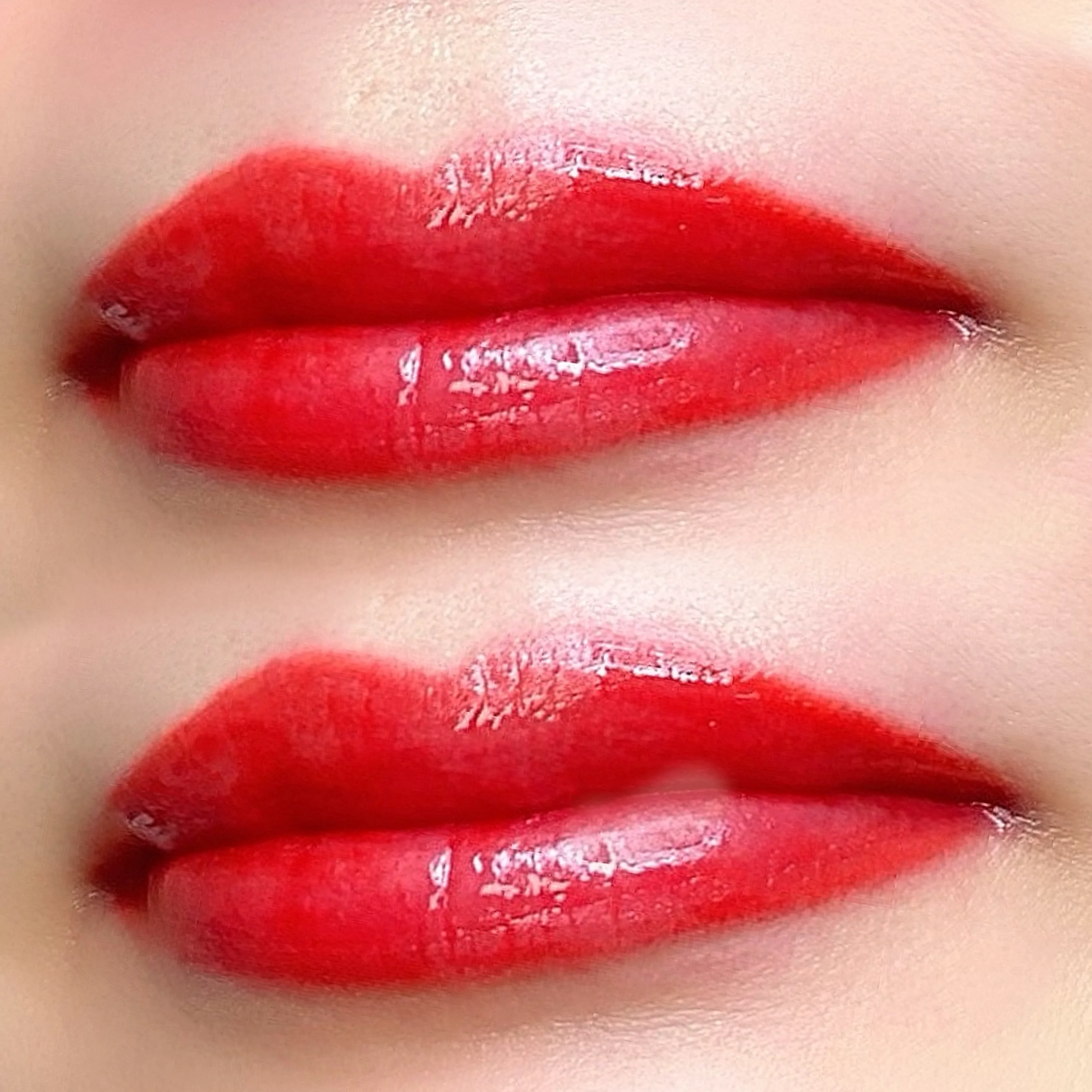 Glossy scarlet lip blush PMU — stacked lip macro close-ups at Tina Beauty